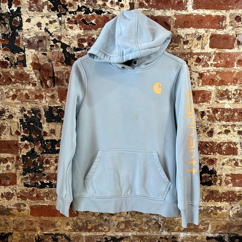 Carhartt Hoodie Womens Medium Blue Sweatshirt Casual Sleeve Spellout midweight